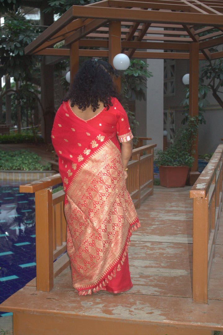 Rukhma Red cotton Muga silk saree