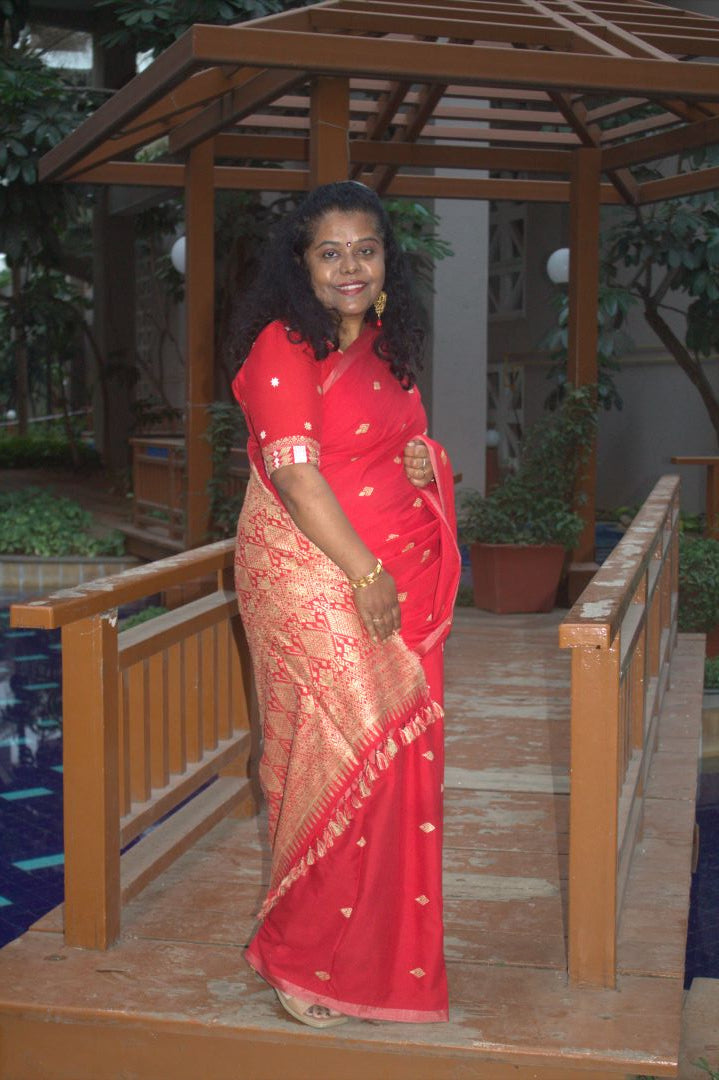 Rukhma Red cotton Muga silk saree