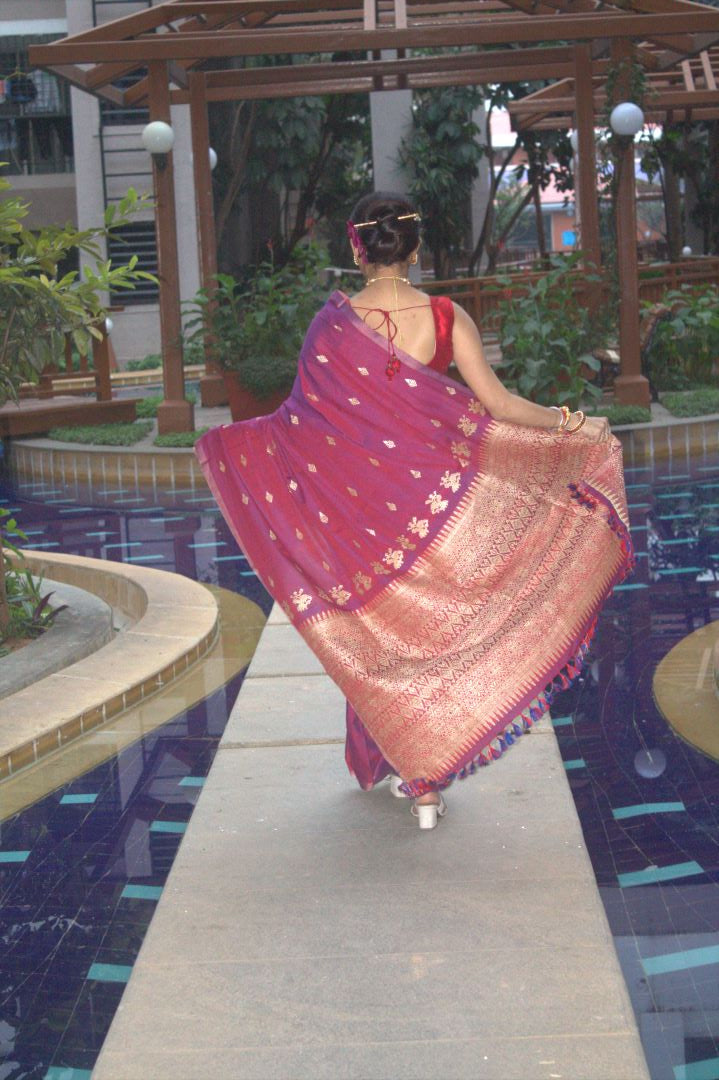 Rukhma Purple cotton Muga silk saree