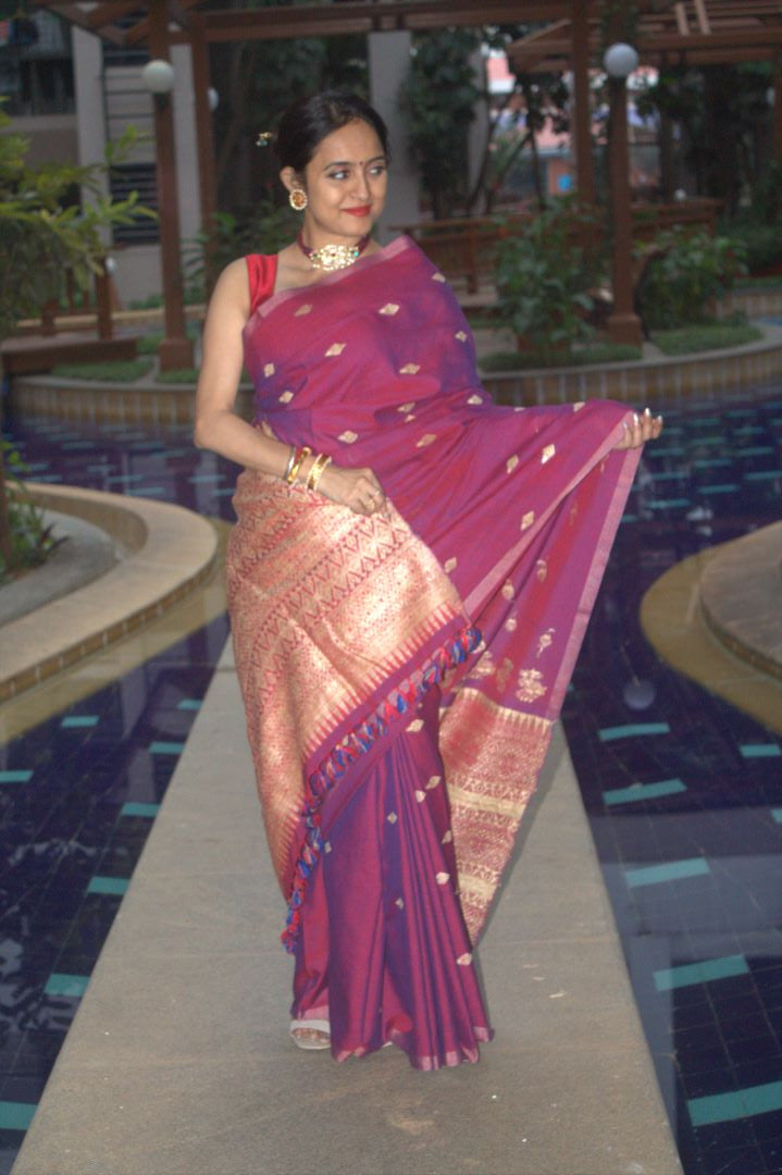 Rukhma Purple cotton Muga silk saree