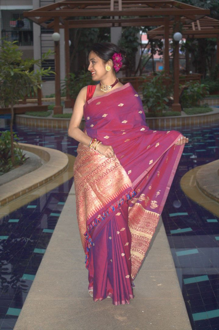Rukhma Purple cotton Muga silk saree