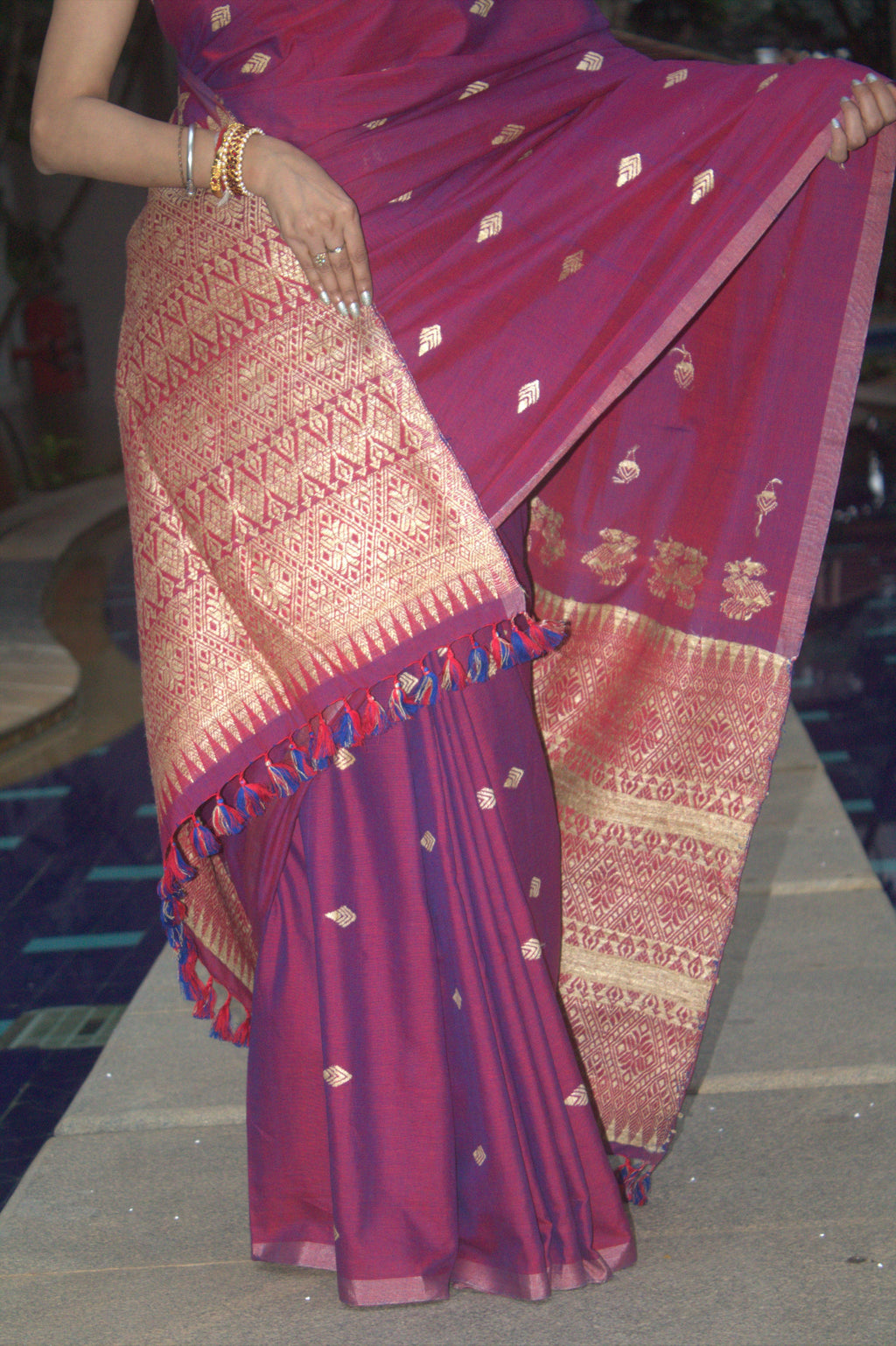 Rukhma Purple cotton Muga silk saree