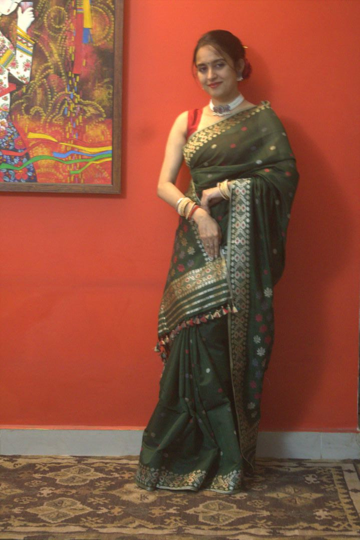 Emerald green naturally dyed Mulberry spun saree
