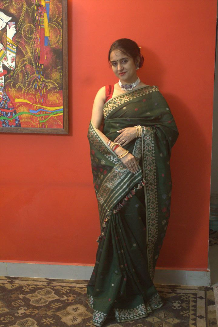 Emerald green naturally dyed Mulberry spun saree