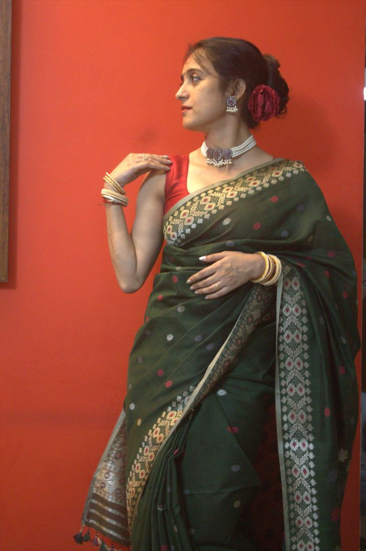 Emerald green naturally dyed Mulberry spun saree