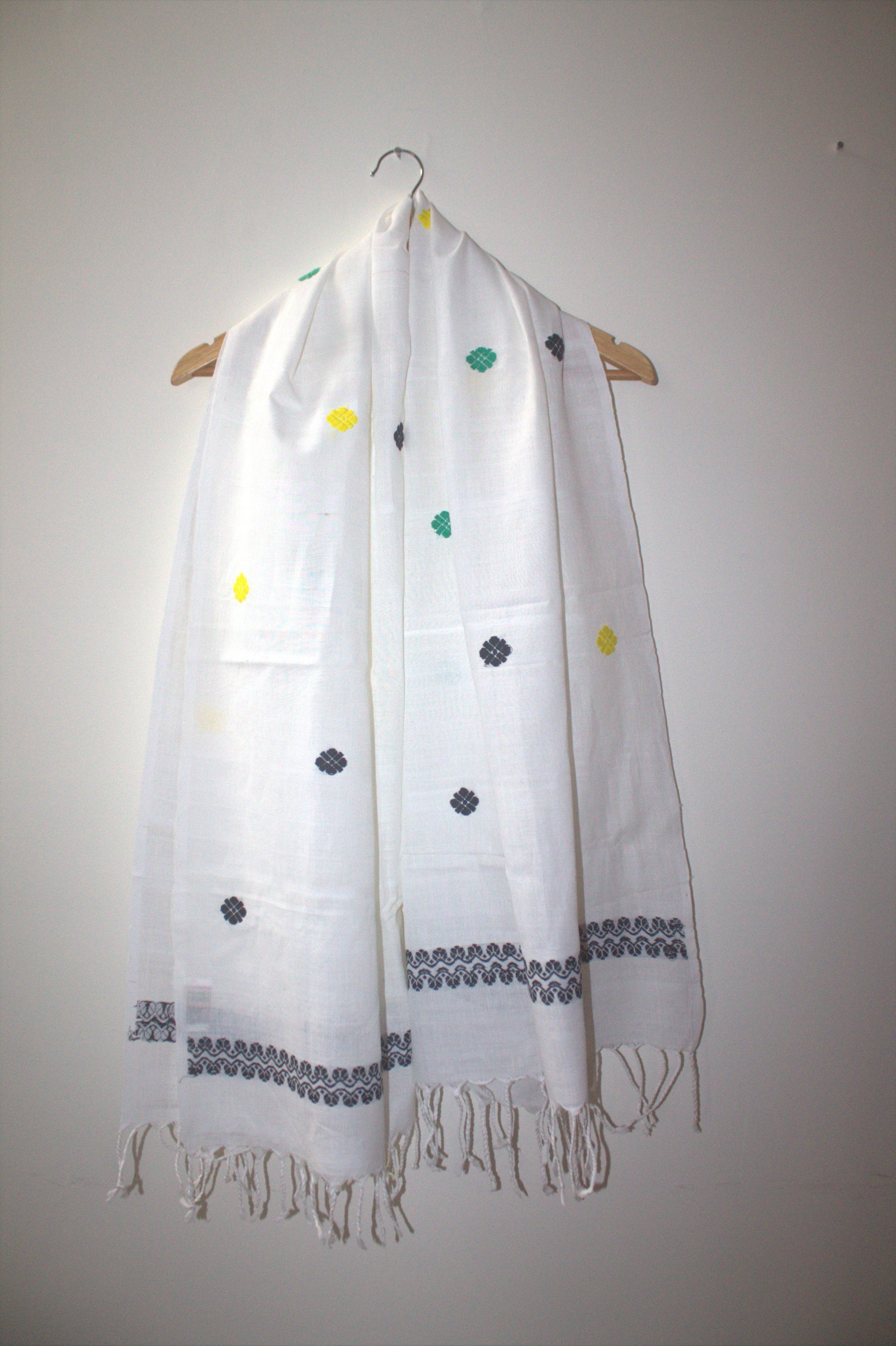 White cotton stole with yellow and green motifs