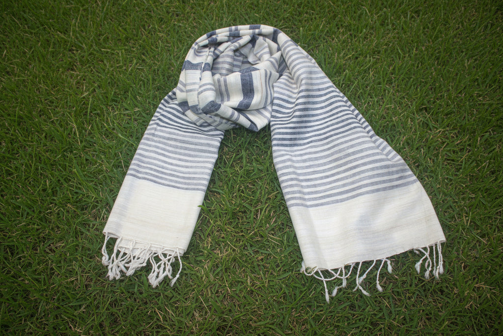Ivory Eri stole with indigo stripes