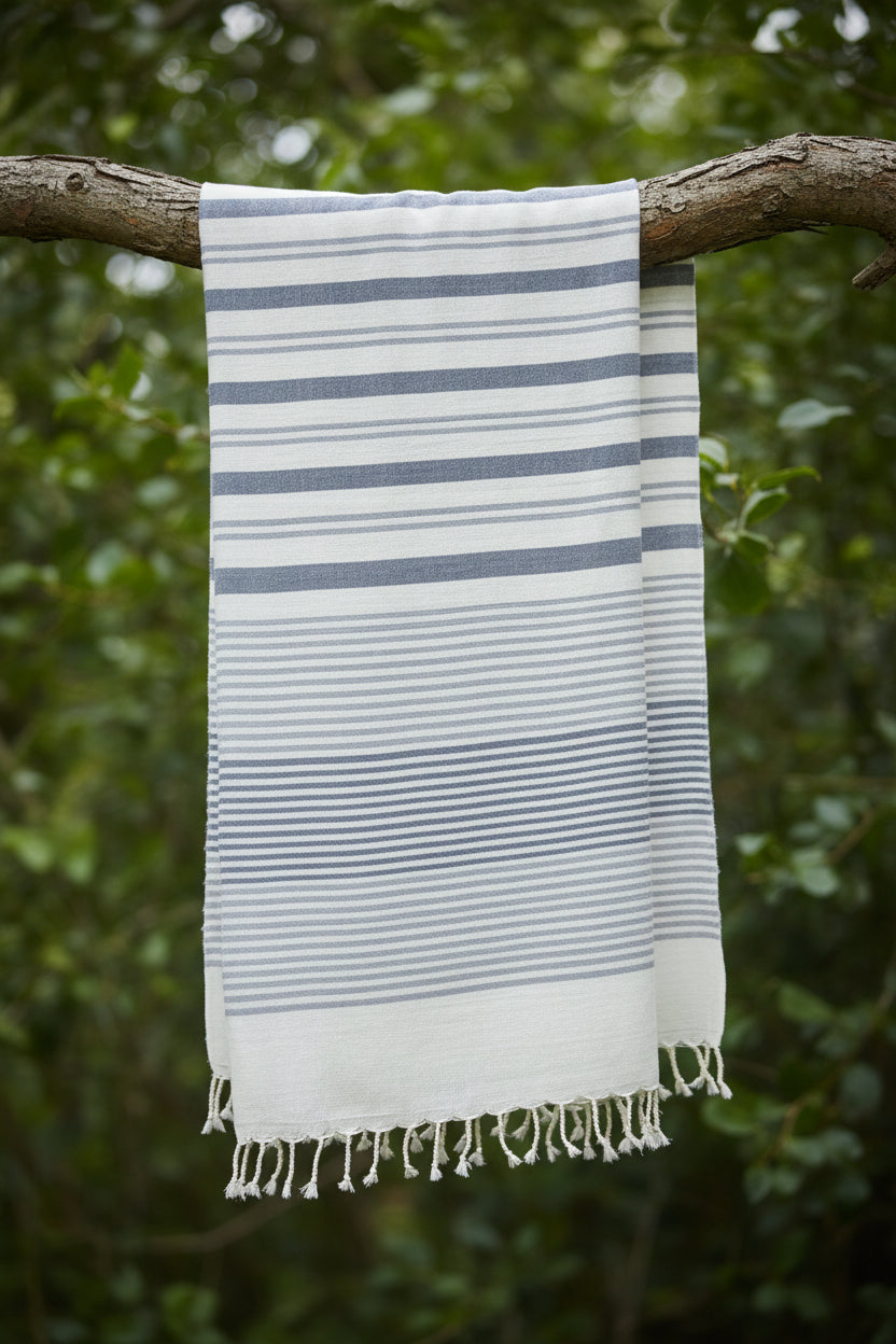 Ivory Eri stole with indigo stripes