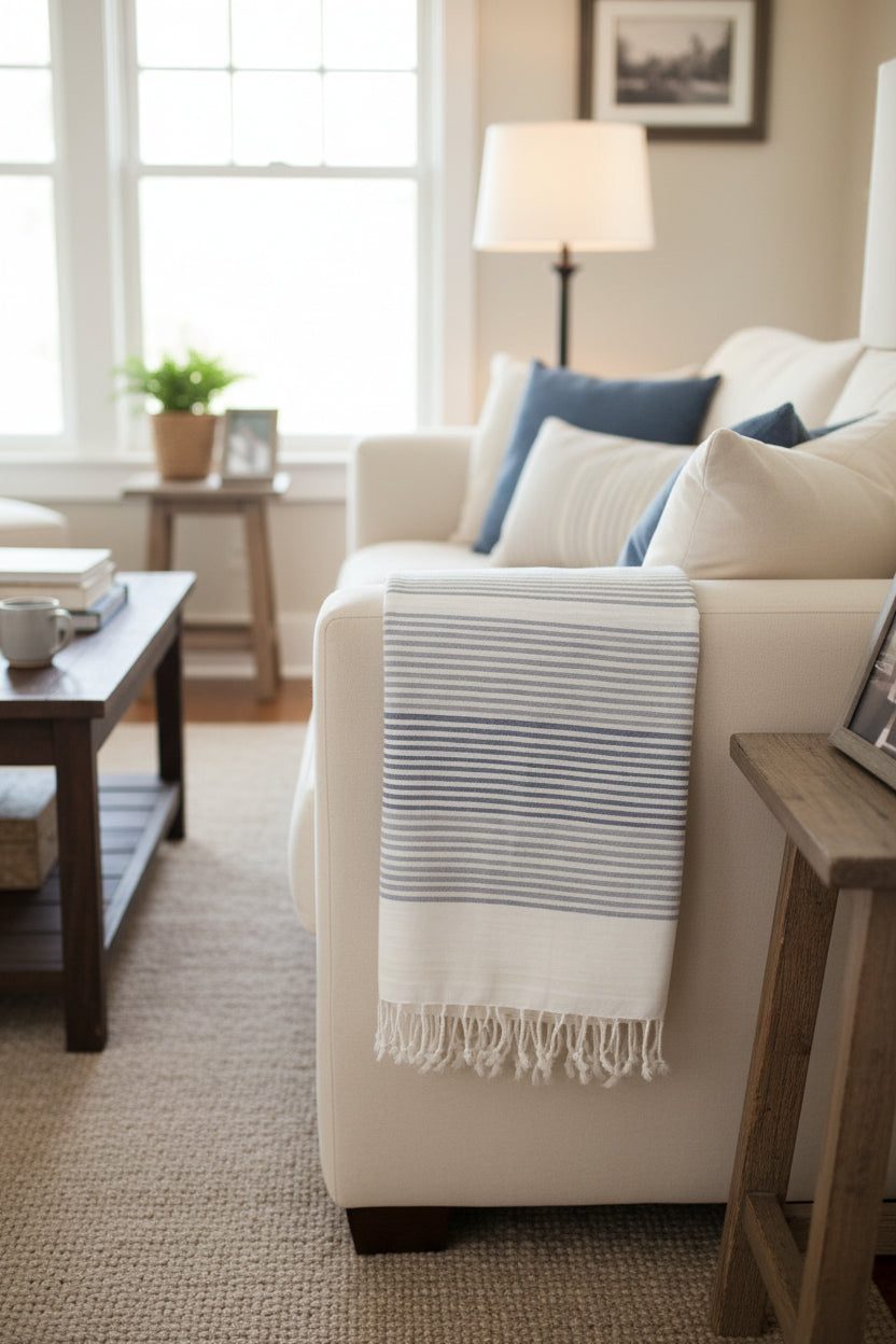 Ivory Eri stole with indigo stripes