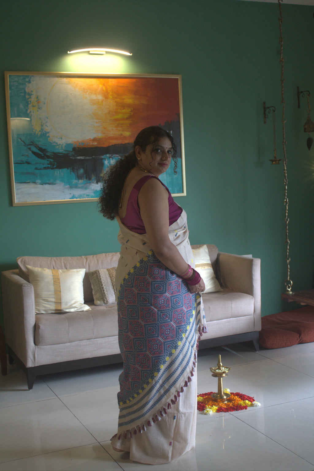 Ivory tea dyed Eri cotton saree