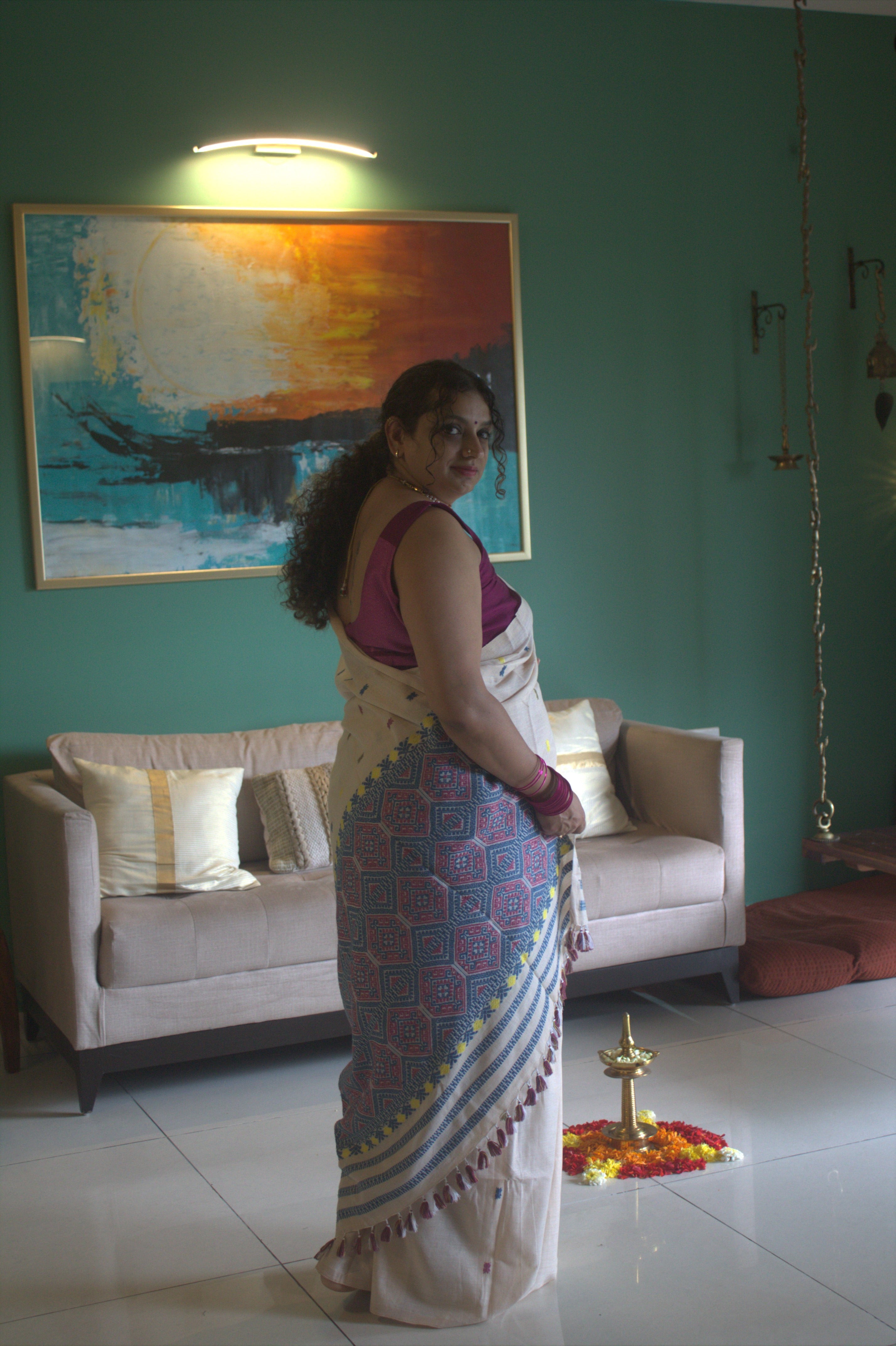 Ivory tea dyed Eri cotton saree