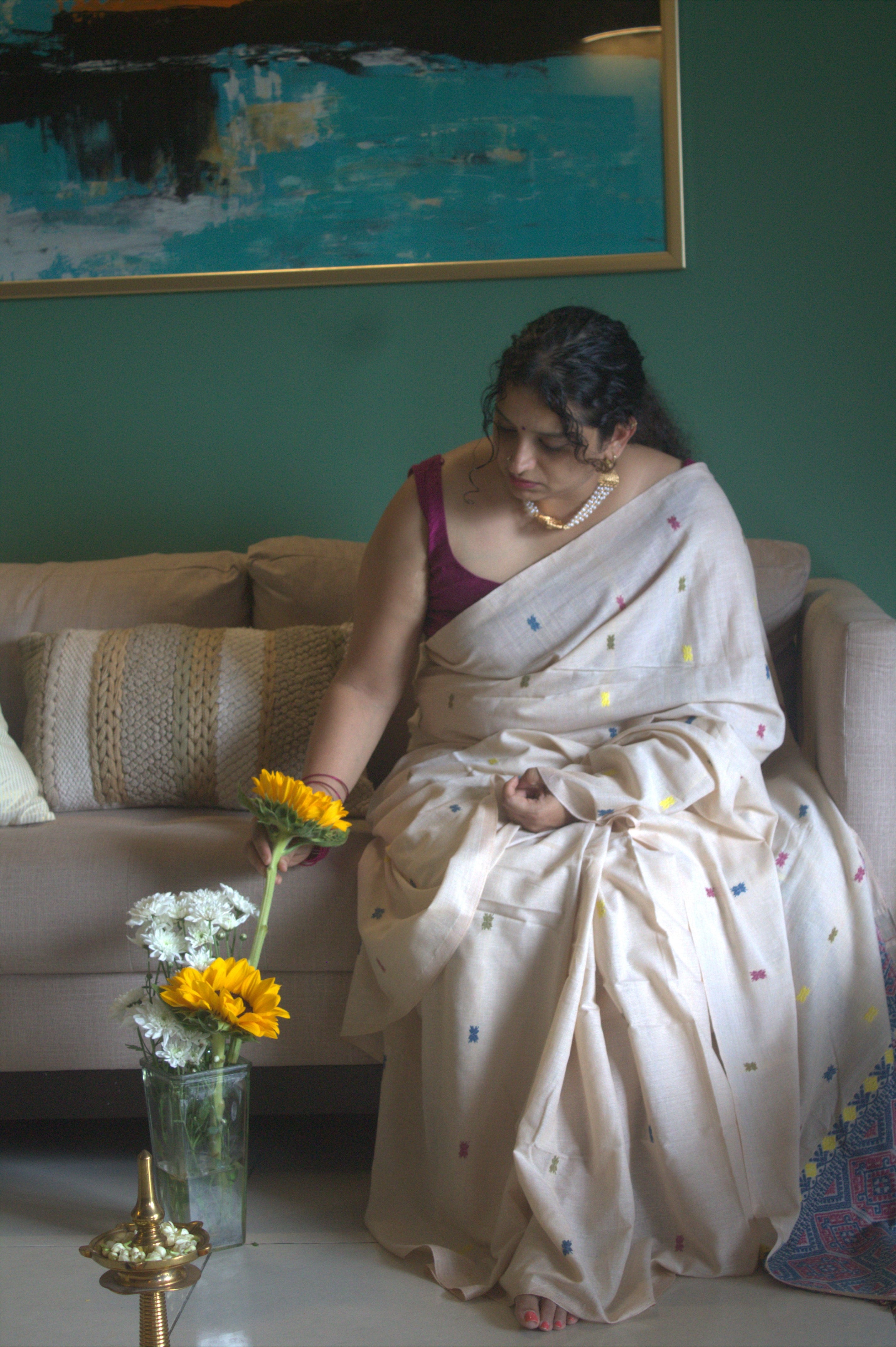 Ivory tea dyed Eri cotton saree