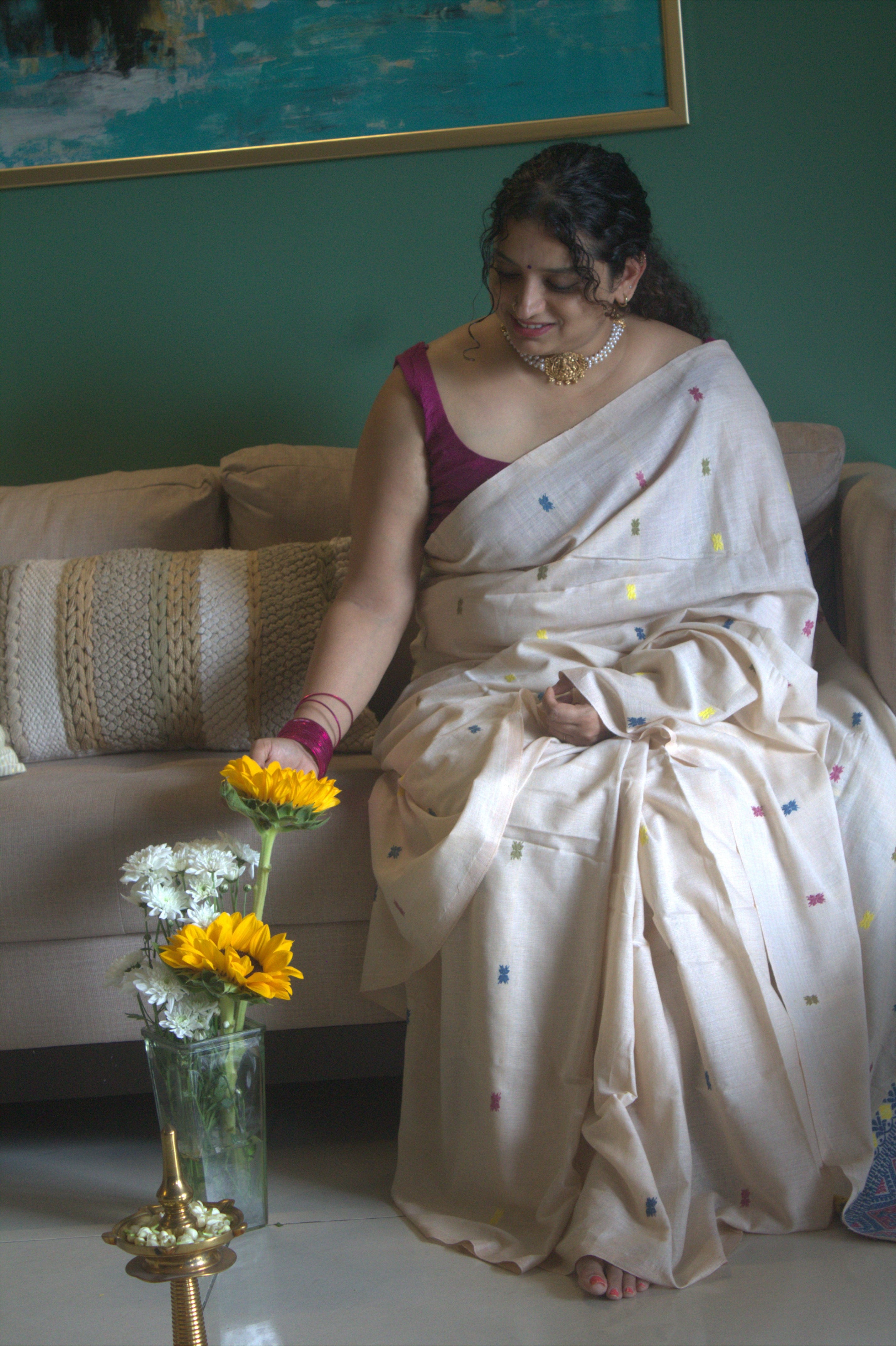 Ivory tea dyed Eri cotton saree