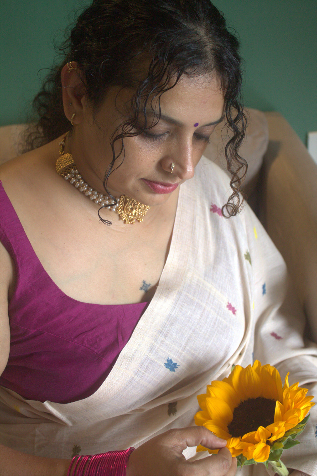 Ivory tea dyed Eri cotton saree