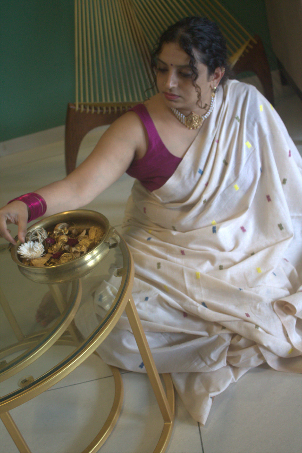 Ivory tea dyed Eri cotton saree