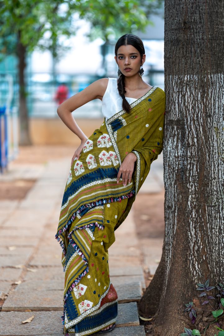 Durga Mehndi green cotton silk mekhela sador