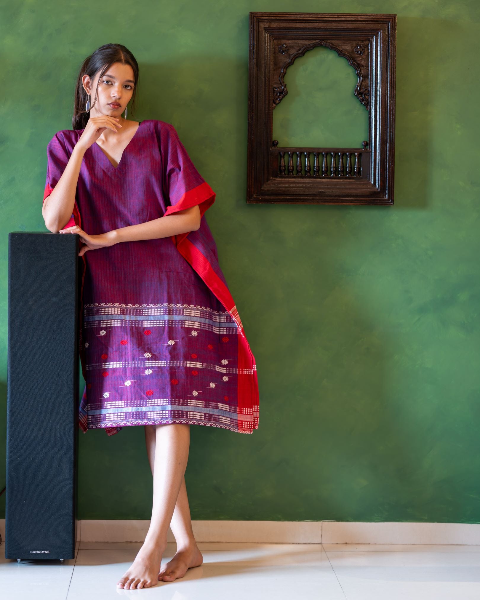 Purple kaftan with Assamese handwoven motifs