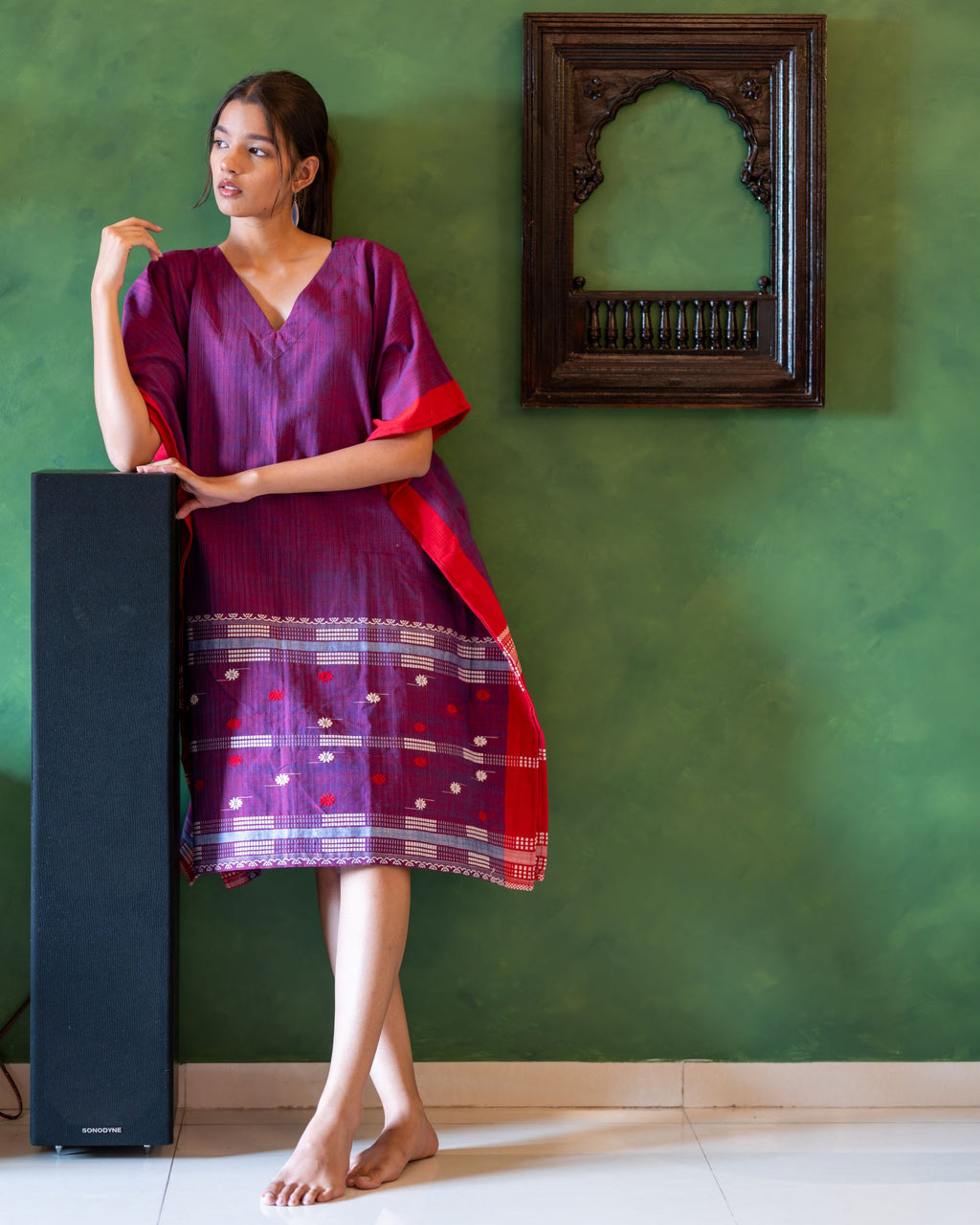Purple kaftan with Assamese handwoven motifs