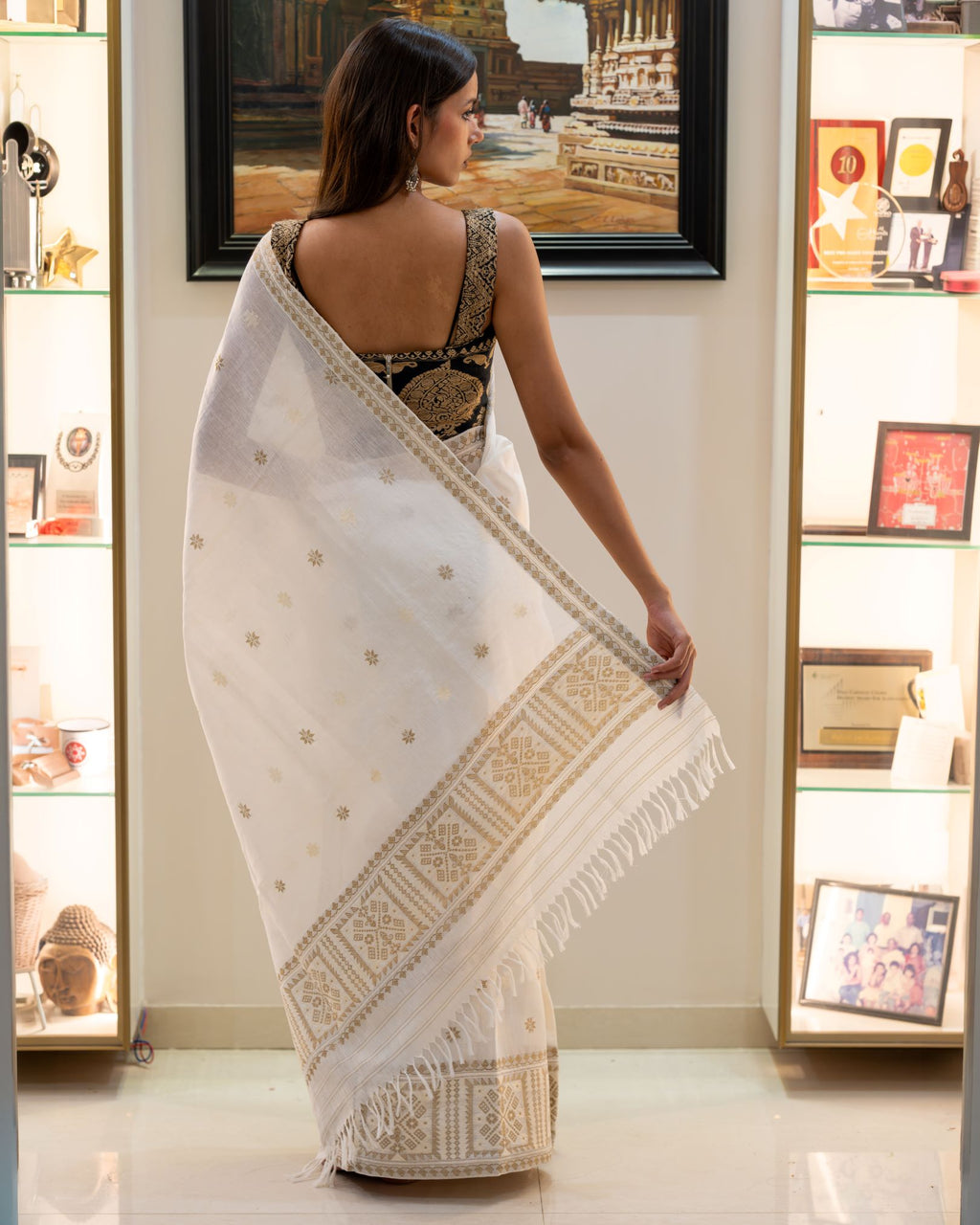 Ivory cotton silk mekhela sador