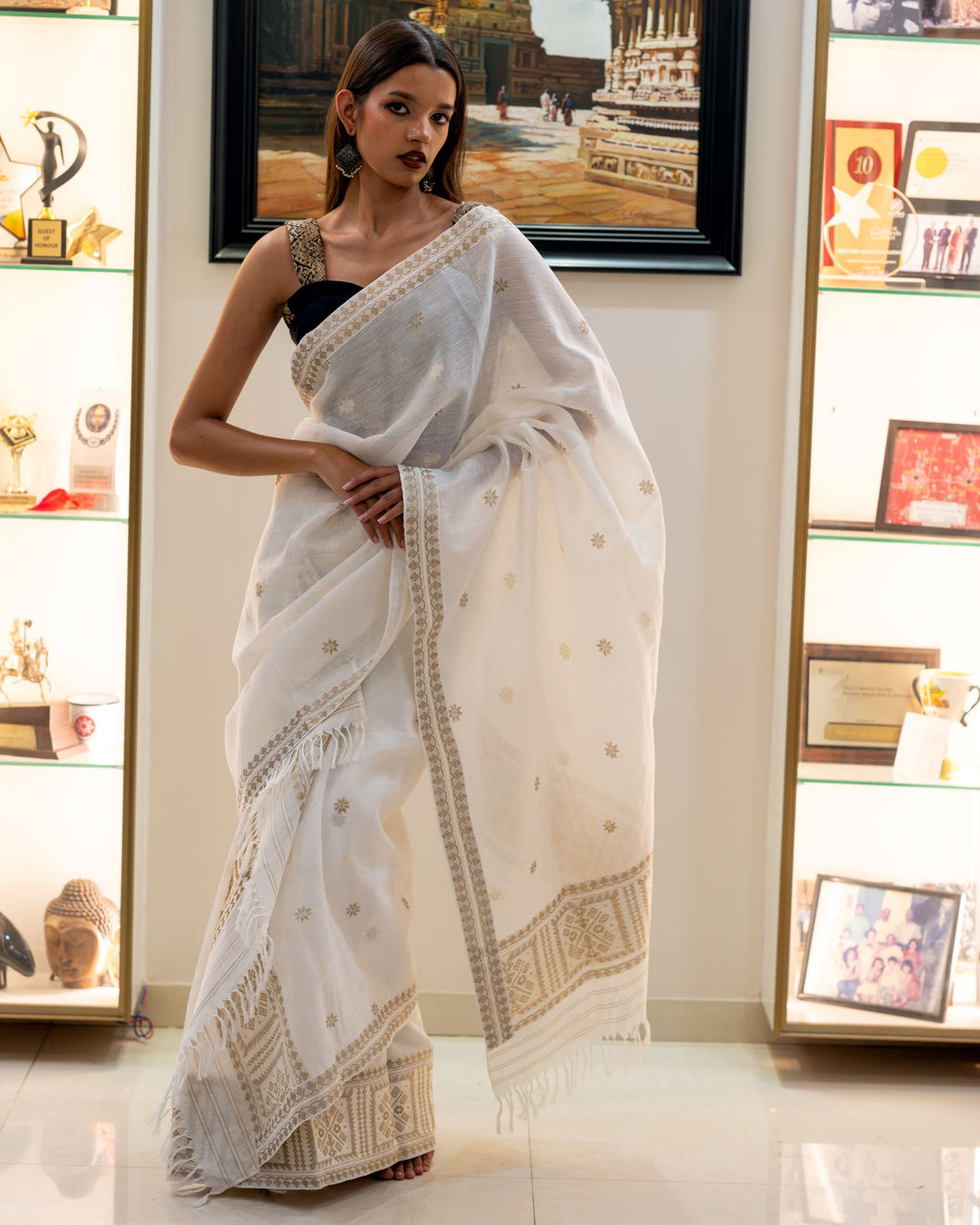 Ivory cotton silk mekhela sador