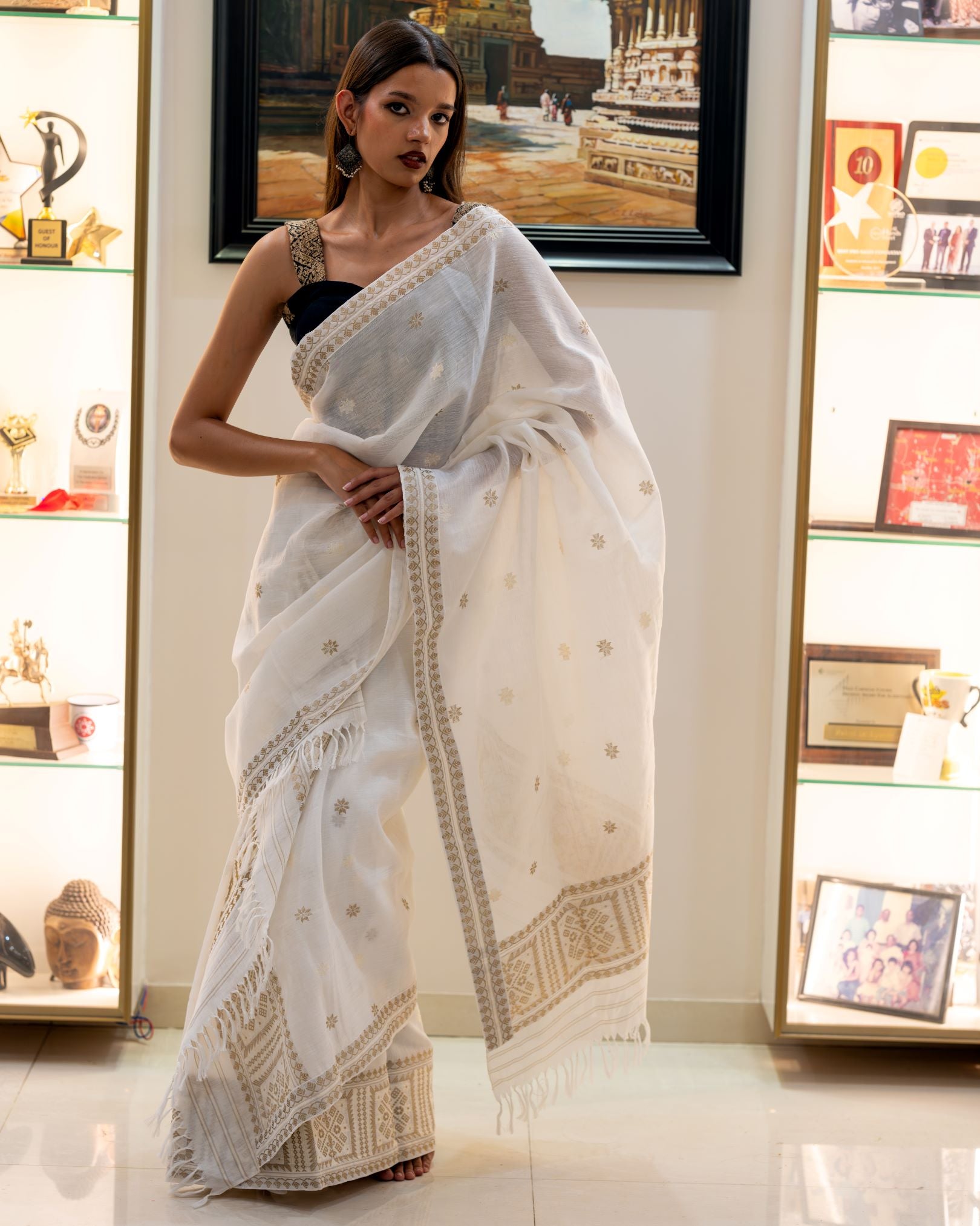 Ivory cotton silk mekhela sador