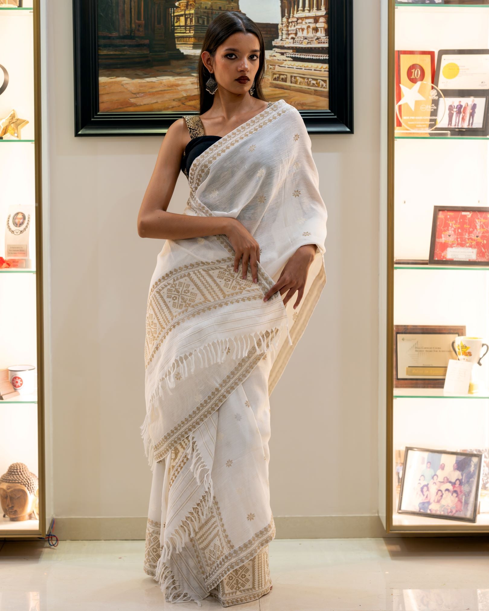 Ivory cotton silk mekhela sador