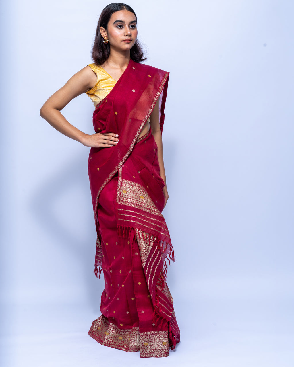 Scarlet red silk cotton mekhela sador