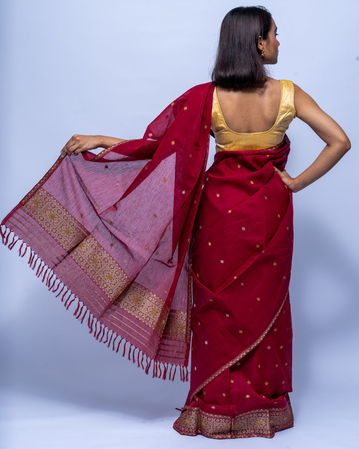 Scarlet red silk cotton mekhela sador
