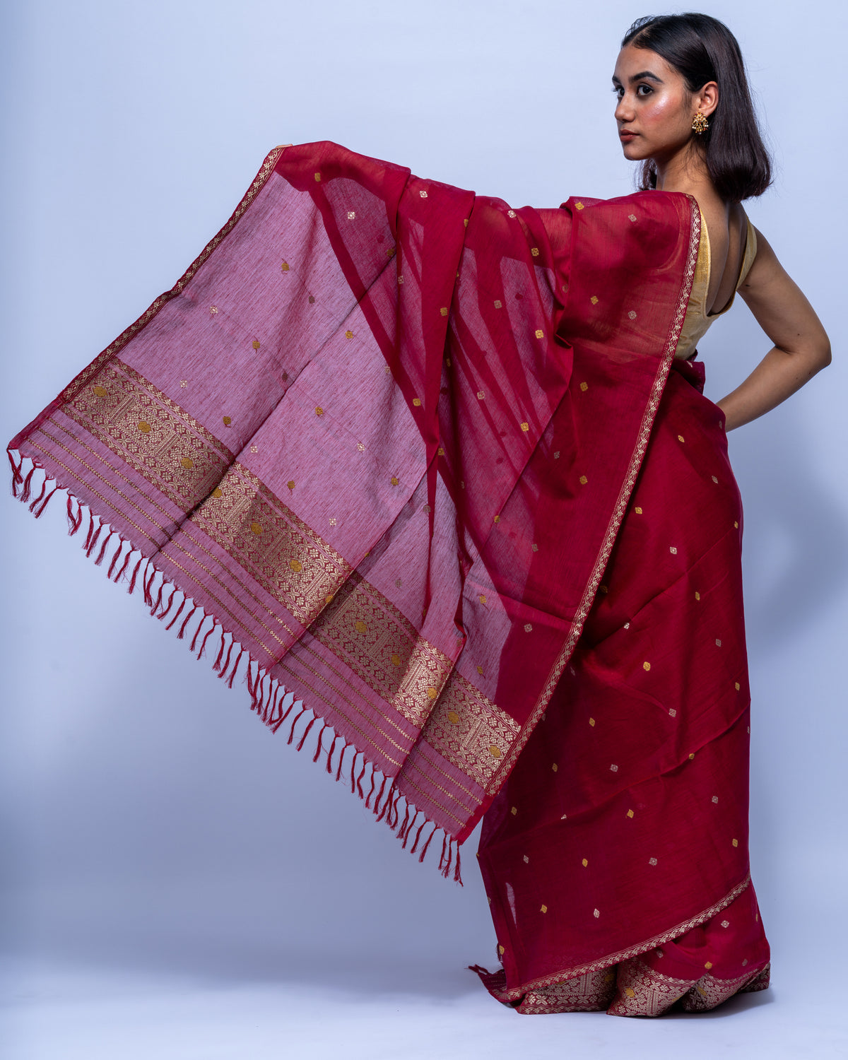 Scarlet red silk cotton mekhela sador