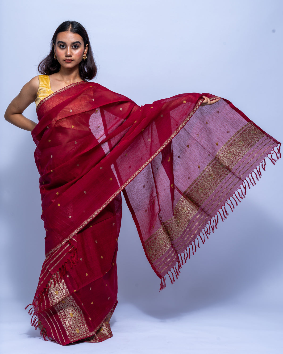 Scarlet red silk cotton mekhela sador