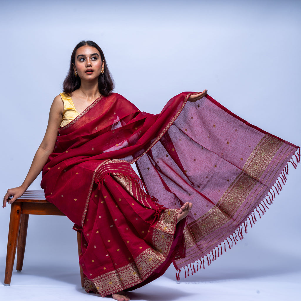 Scarlet red silk cotton mekhela sador