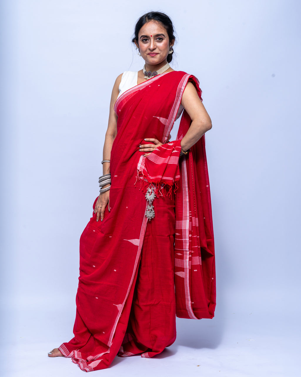 Crimson red Jamdani saree