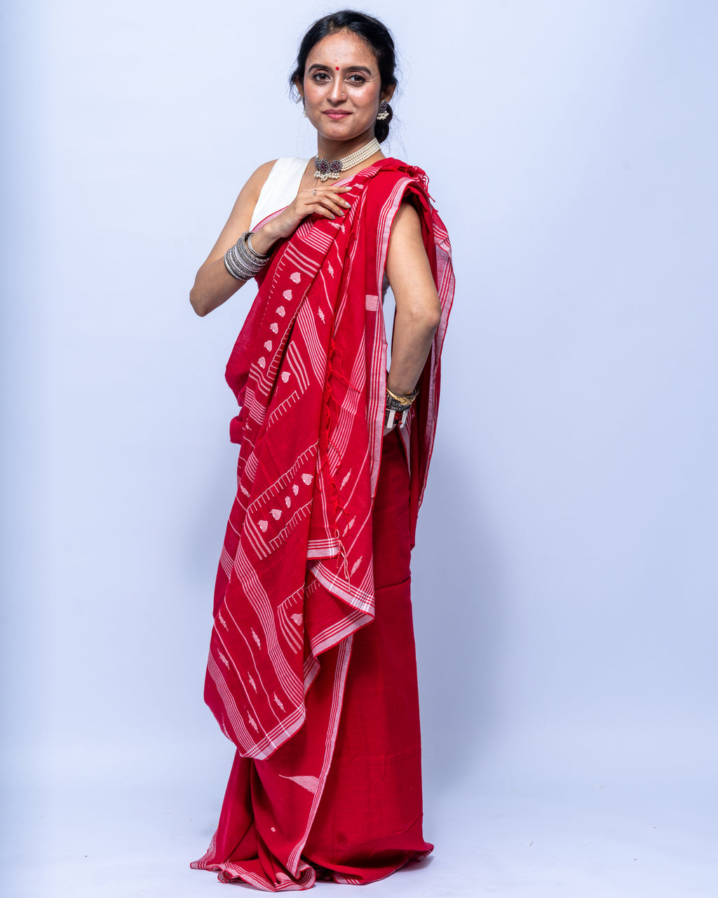 Crimson red Jamdani saree