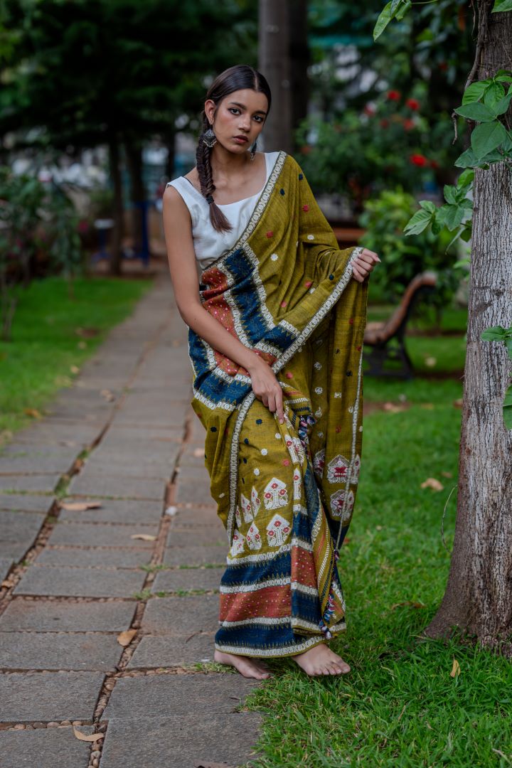 Durga Mehndi green cotton silk mekhela sador