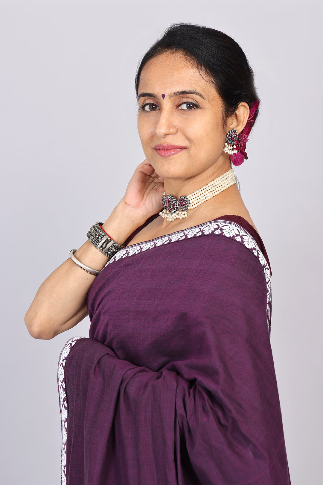 Tara purple cotton mekhela sador