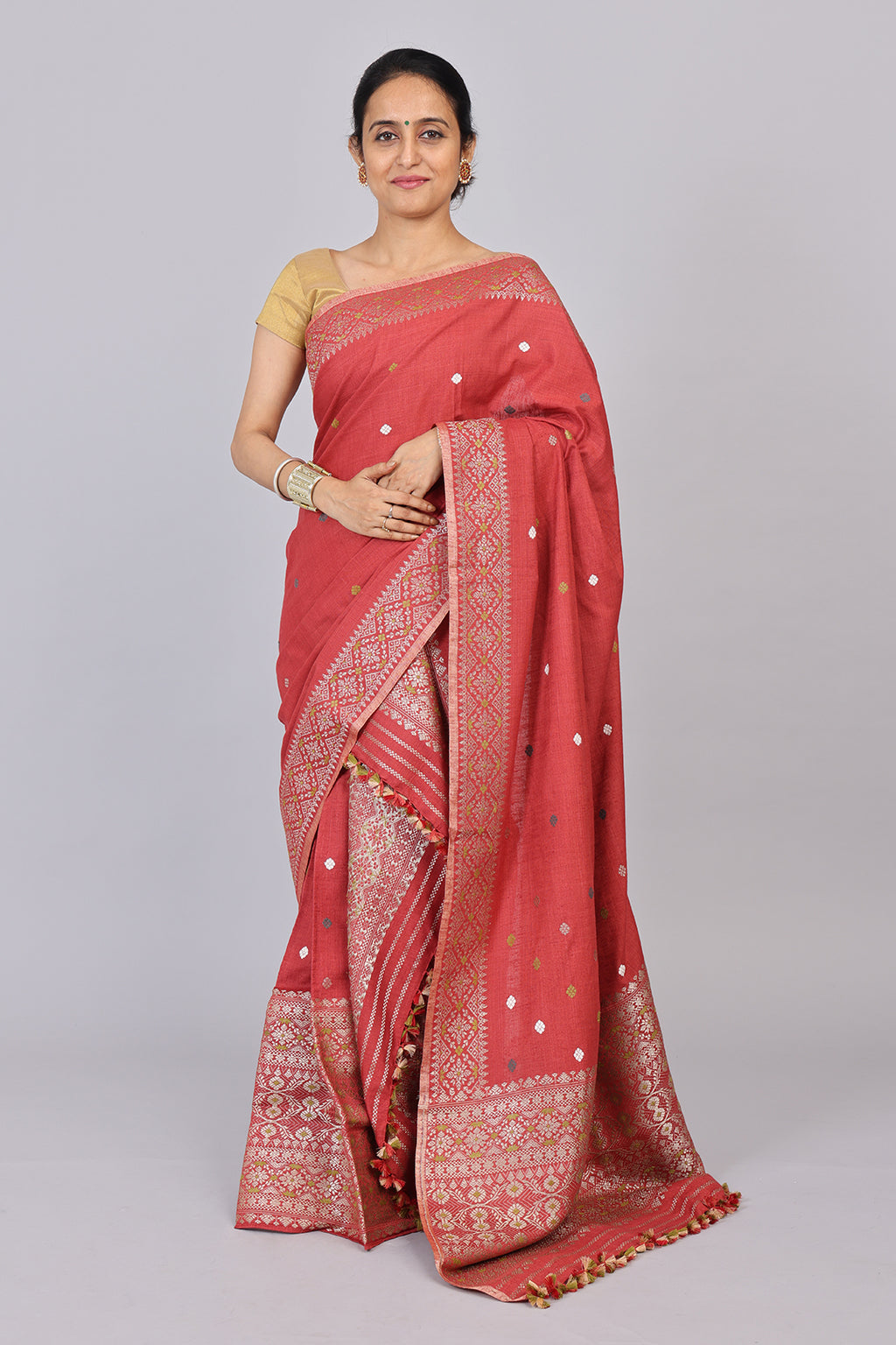 Joymoti coral red naturally dyed Eri silk Mekhela sador