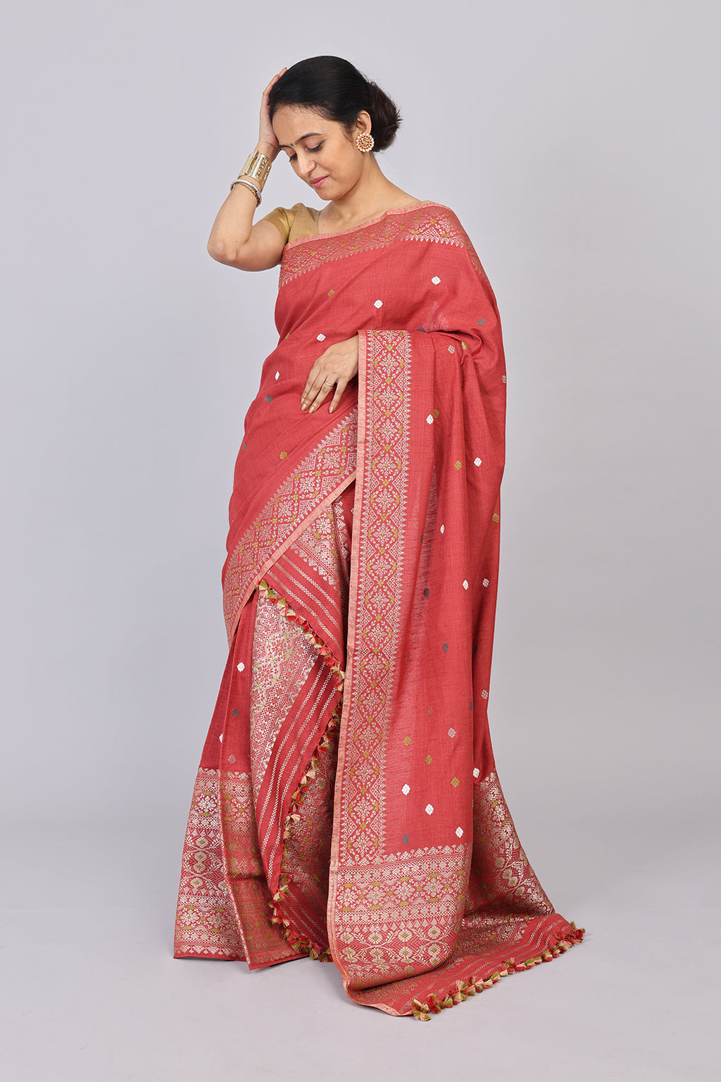 Joymoti coral red naturally dyed Eri silk Mekhela sador