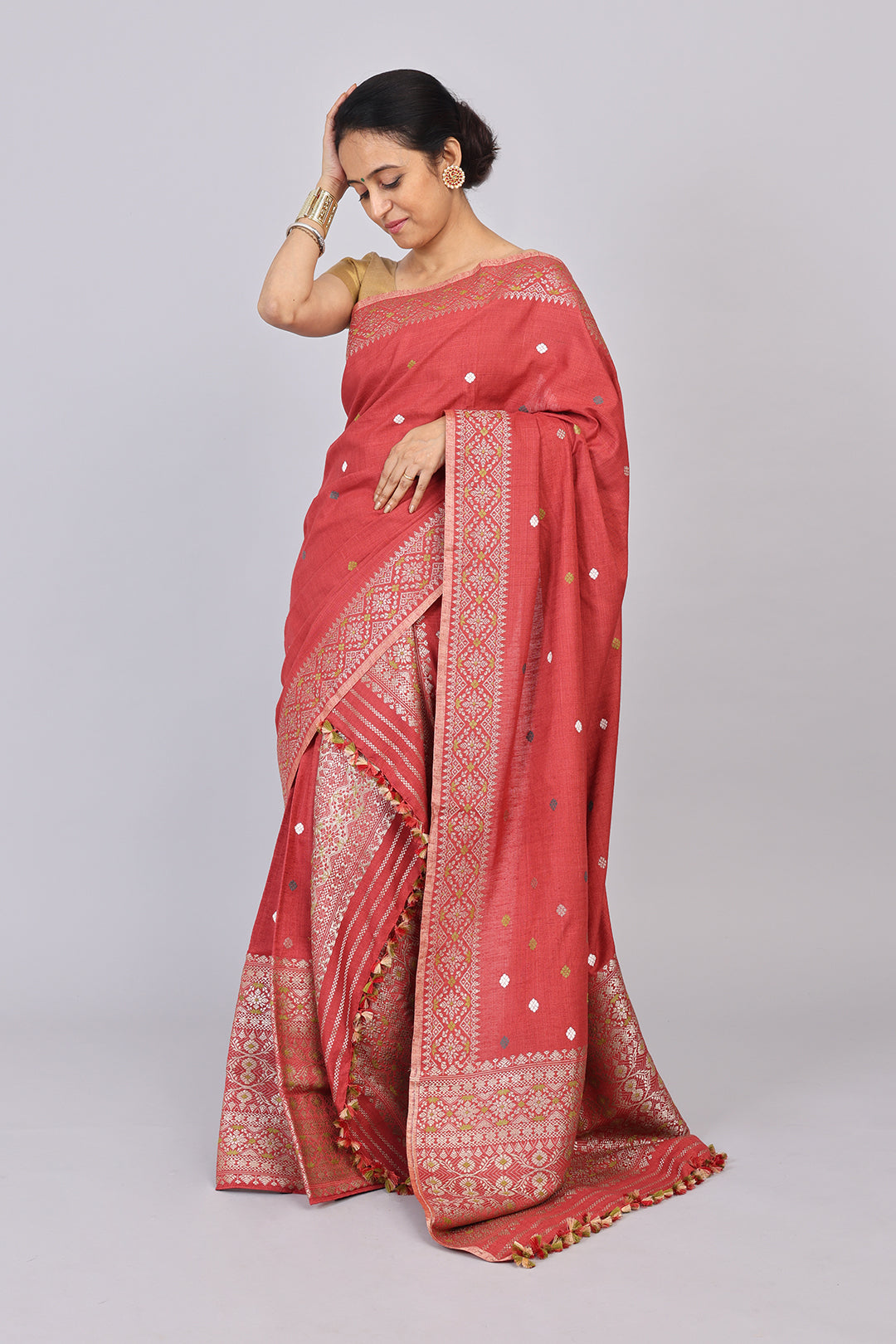 Joymoti coral red naturally dyed Eri silk Mekhela sador