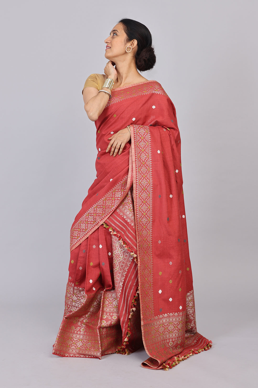 Joymoti coral red naturally dyed Eri silk Mekhela sador