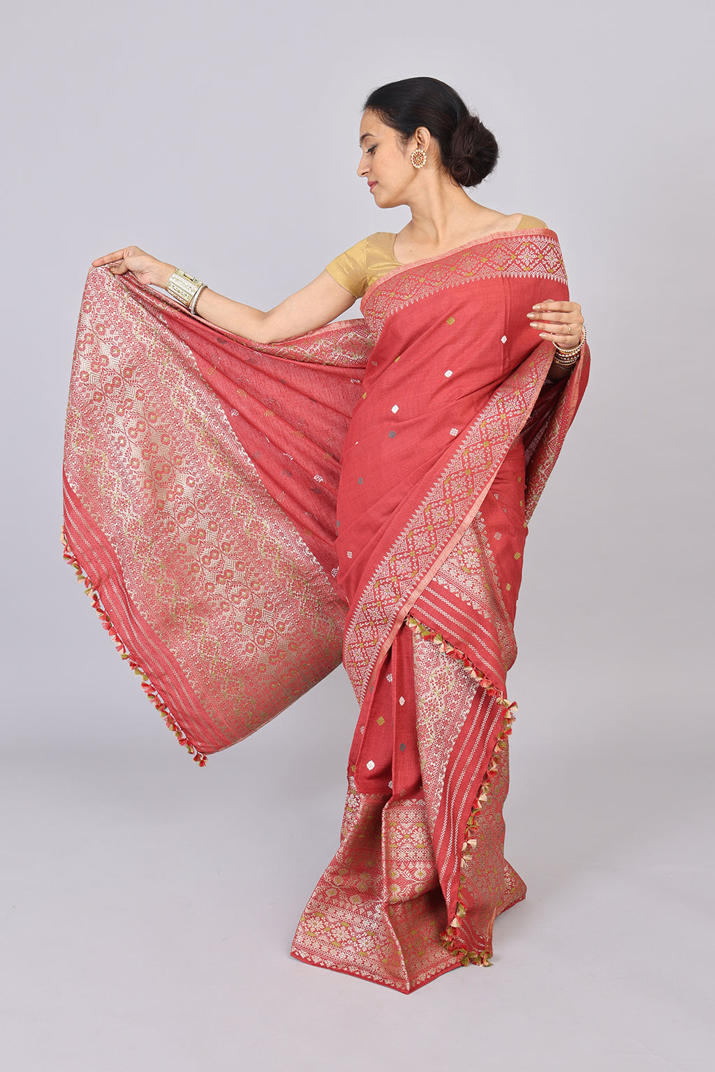 Joymoti coral red naturally dyed Eri silk Mekhela sador