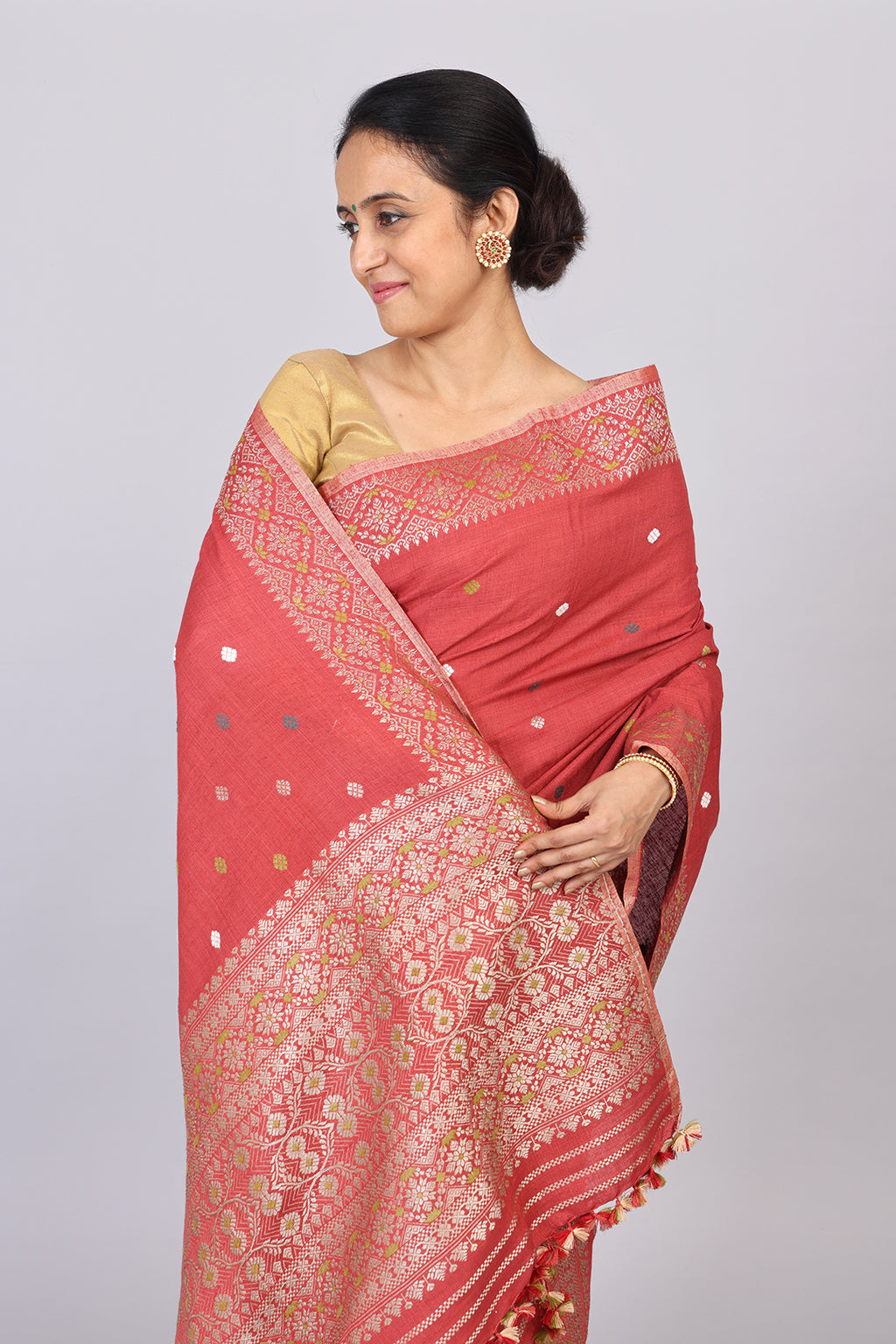 Joymoti coral red naturally dyed Eri silk Mekhela sador