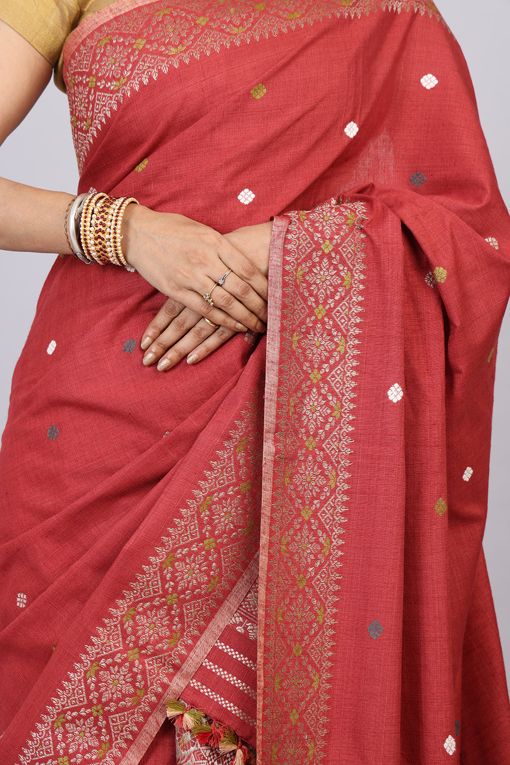 Joymoti coral red naturally dyed Eri silk Mekhela sador