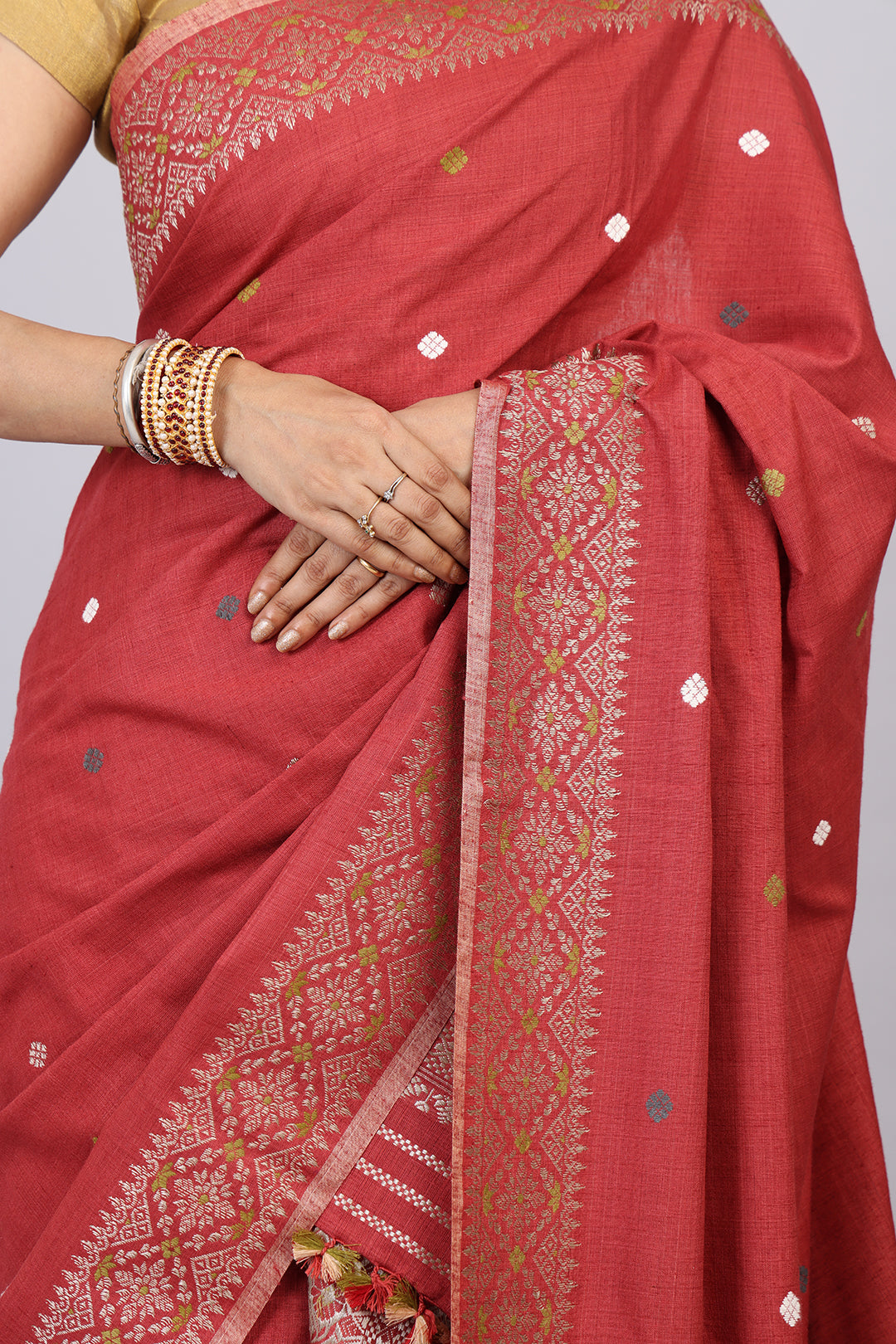 Joymoti coral red naturally dyed Eri silk Mekhela sador