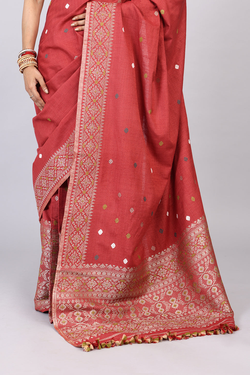 Joymoti coral red naturally dyed Eri silk Mekhela sador